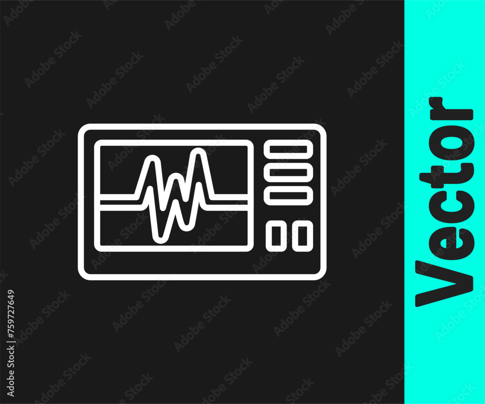 Sticker white line computer monitor with cardiogram icon isolated on black background. monitoring icon. ecg 