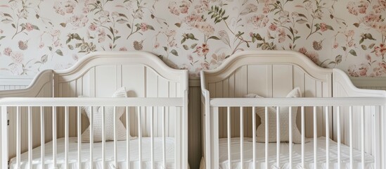 Twin infants' room with soft-colored wallpapers and white cribs