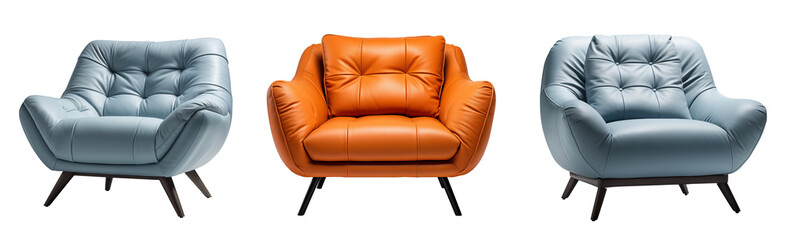 Brown and Blue leather soft chairs on a transparent background, PNG