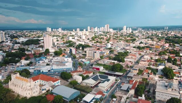 Aerial city scape at stormy time in summer in central Cuiaba Mato Grosso