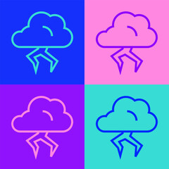Pop art line Storm icon isolated on color background. Cloud and lightning sign. Weather icon of storm. Vector
