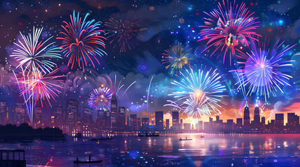 A spectacular fireworks display over a city skyline, with details of the colorful explosions, the smoke trails, the reflections in the water, and the awestruck crowd.