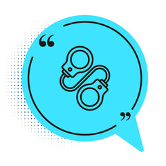 Obraz premium Black line Handcuffs icon isolated on white background. Blue speech bubble symbol. Vector