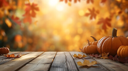 Wooden table, free space, with thanksgiving theme blurred background
