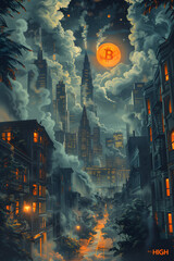 Bitcoin movie poster in the style of the 60s sixties, cryptocurrency at new all-time high, city night picture