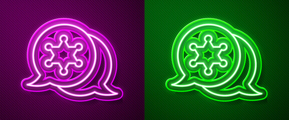 Glowing neon line Hexagram sheriff icon isolated on purple and green background. Police badge icon. Vector