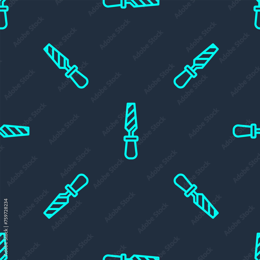 Aufkleber green line rasp metal file icon isolated seamless pattern on blue background. rasp for working with 