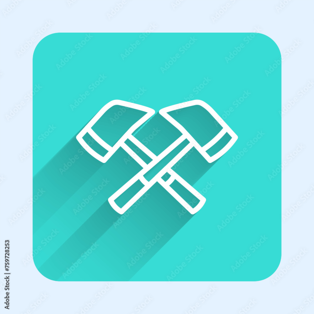 Poster white line firefighter axe icon isolated with long shadow background. fire axe. green square button.