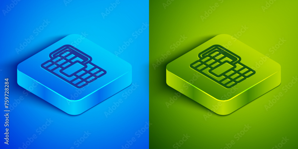 Poster isometric line detonate dynamite bomb stick and timer clock icon isolated on blue and green backgrou