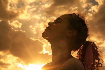 photo of woman looking up at sky with faith