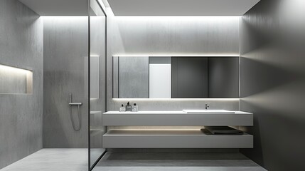 Contemporary Gray Bathroom with Minimalist Design and Glass-Enclosed Shower.