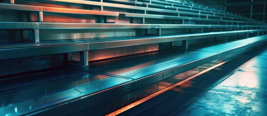 Abstract folded bleacher seats in a gym with digital glow effect for industrial background. - obrazy, fototapety, plakaty