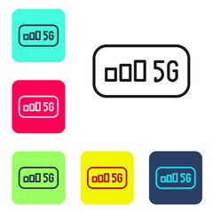 Black line 5G new wireless internet wifi connection icon isolated on white background. Global network high speed connection data rate technology. Set icons in color square buttons. Vector