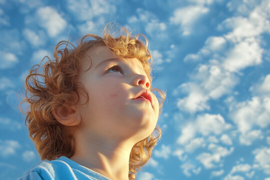 photo of a young boy looking up at the sky