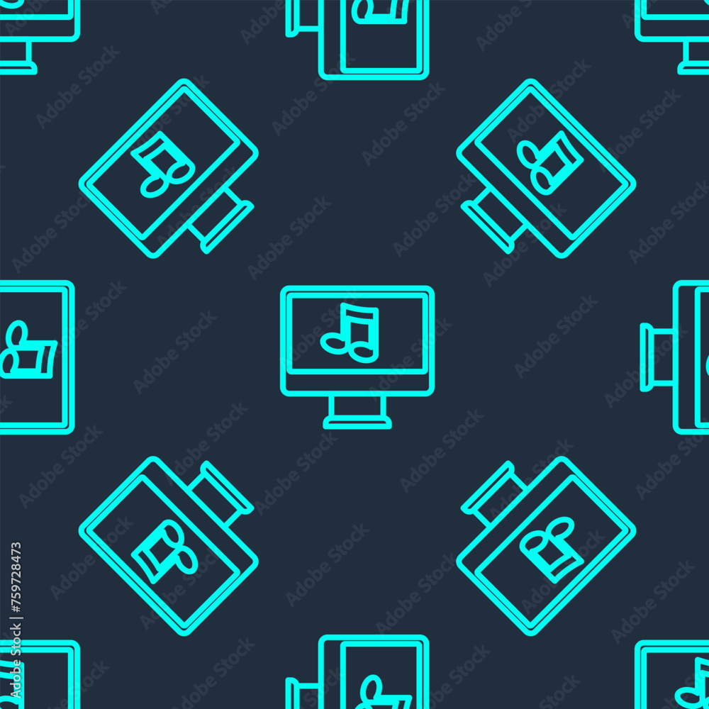 Poster green line computer with music note symbol on screen icon isolated seamless pattern on blue backgrou