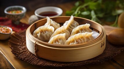 Artistically crafted Oriental dumplings in traditional bamboo steamer - A fusion of taste and...