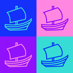 Pop art line Egyptian ship icon isolated on color background. Egyptian papyrus boat. Vector