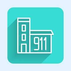 White line Building of fire station icon isolated with long shadow background. Fire department building. Green square button. Vector