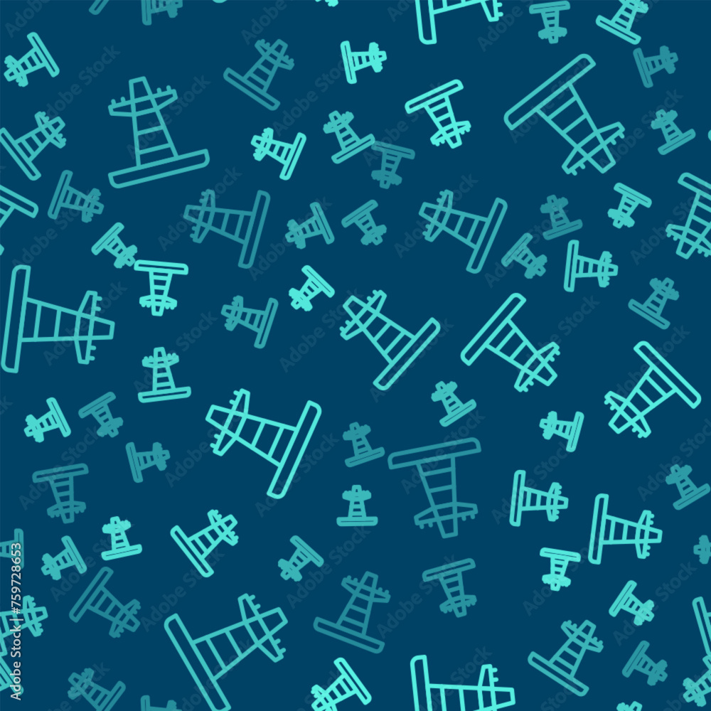 Poster green line electric tower used to support an overhead power line icon isolated seamless pattern on b