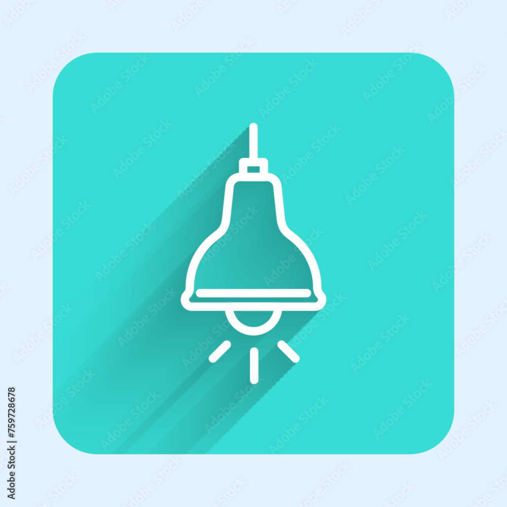 Poster white line lamp hanging icon isolated with long shadow background. ceiling lamp light bulb. green sq