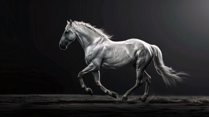 A graceful white horse strong clearly muscular on a black abstract background 