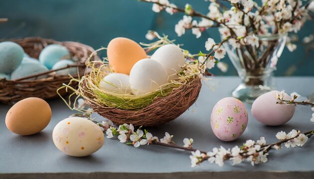 Easter eggs composition naturemort vibrant colorful spring flowers generated image