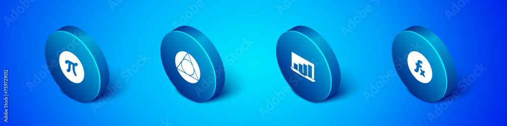 Poster set isometric pi symbol, laptop with graph chart, function mathematical and triangle icon. vector