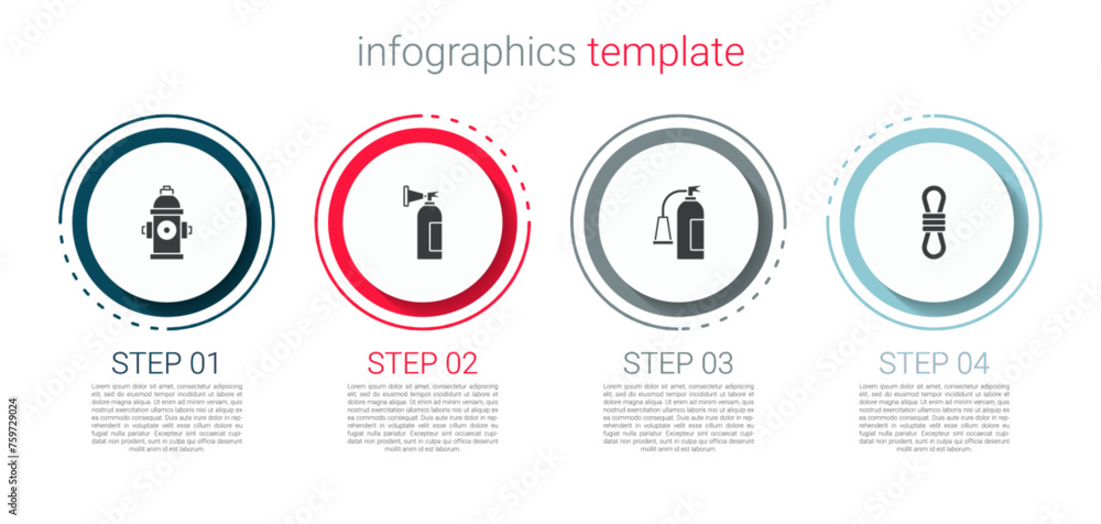 Sticker Set Fire hydrant, extinguisher, and Climber rope. Business infographic template. Vector