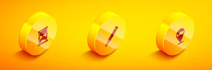 Set Isometric Old hourglass, Fountain pen nib and Location law icon. Vector