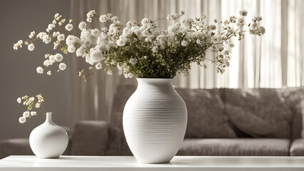 Vases and green plants placed on the table, flower arrangement art, modern interior decoration design