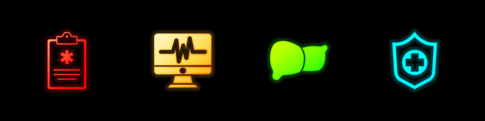 Set Clinical record, Monitor with cardiogram, Human organ liver and Life insurance hand icon. Vector