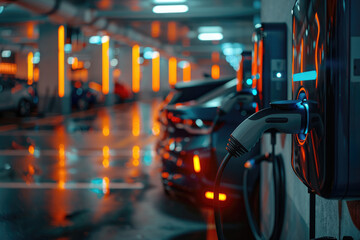 Fototapeta premium Electric vehicle charging station for charging EV batteries. Plugs for electric vehicles. EV charger. by AI generated image