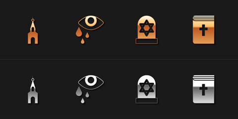Set Church building, Tear cry eye, Grave with star of david and Holy bible book icon. Vector