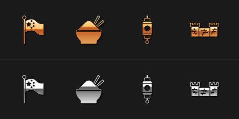 Set China flag on flagpole, Rice bowl with chopstick, Chinese paper lantern and Great wall of icon. Vector