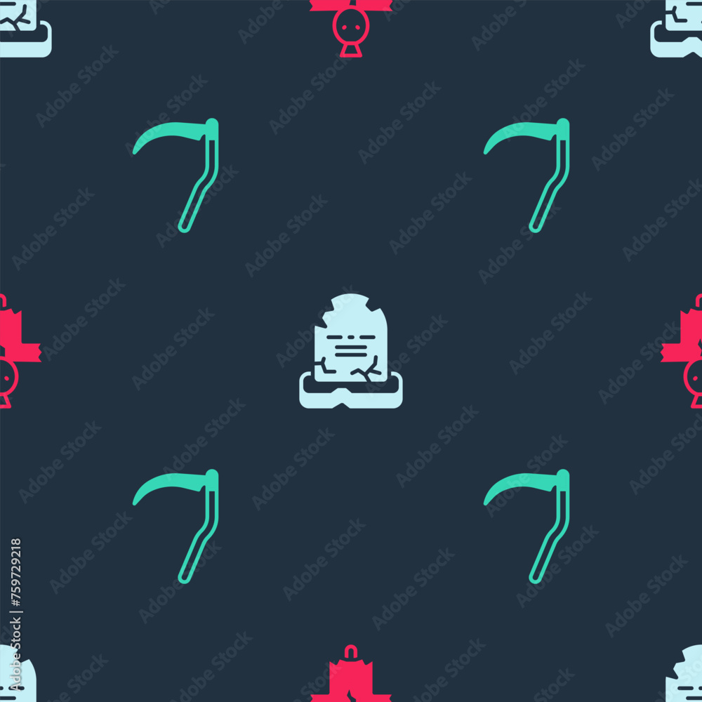 Poster set scarecrow, tombstone with rip written and scythe on seamless pattern. vector