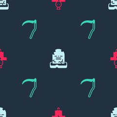 Set Scarecrow, Tombstone with RIP written and Scythe on seamless pattern. Vector
