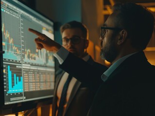 Two businessmen analyzing data on computer screens, strategic business consultation in progress.