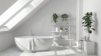 Fototapeta na wymiar Nordic-Inspired Bathroom with Skylight and Freestanding Bathtub.