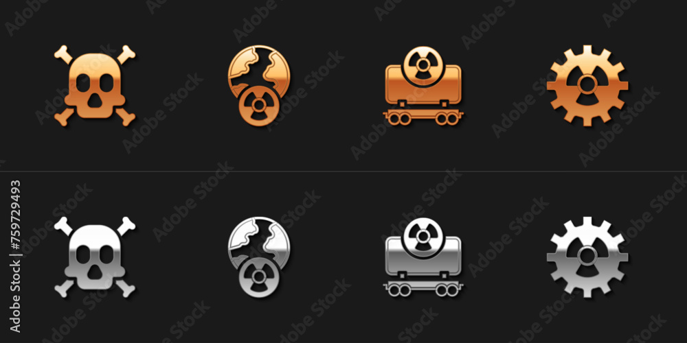 Wall mural set bones and skull warning, planet earth radiation, radioactive cargo train and icon. vector