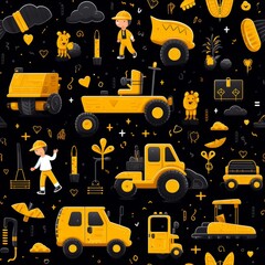 Cute hand-drawn baby toy construction equipment seamless pattern for kids room decor