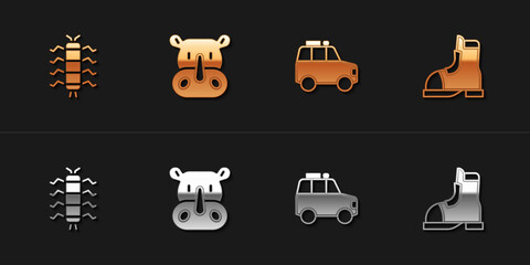 Set Centipede insect, Rhinoceros, Car and Hunter boots icon. Vector