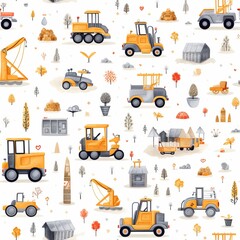 Cute baby toy pattern. dump truck, concrete mixer, excavator and crane in a seamless design