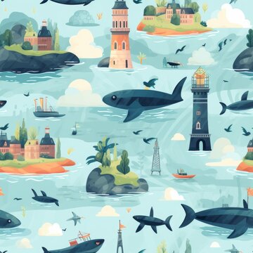 Whimsical flying whales seamless pattern with lighthouses and rainbows for childrens products
