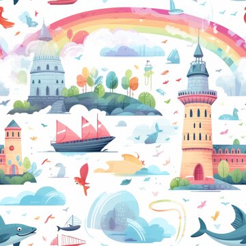 Adorable flying whale and lighthouse childrens seamless pattern with air balloons and rainbows