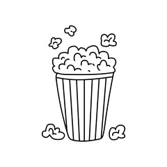 Large striped cup with popcorn. Food at the cinema. Doodle. Vector illustration. Hand drawn. Outline.