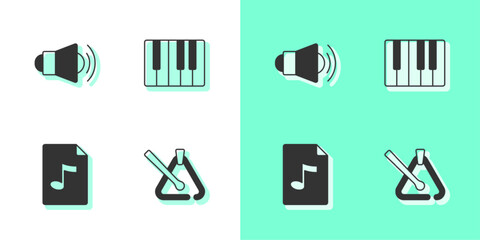 Set Triangle musical instrument, Megaphone, MP3 file document and Music synthesizer icon. Vector