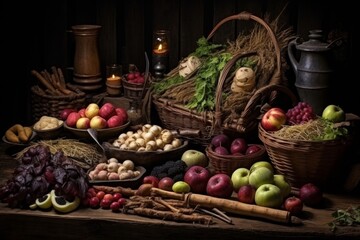 Medieval style still life with fruits, vegetables, and meats in a grandiose display