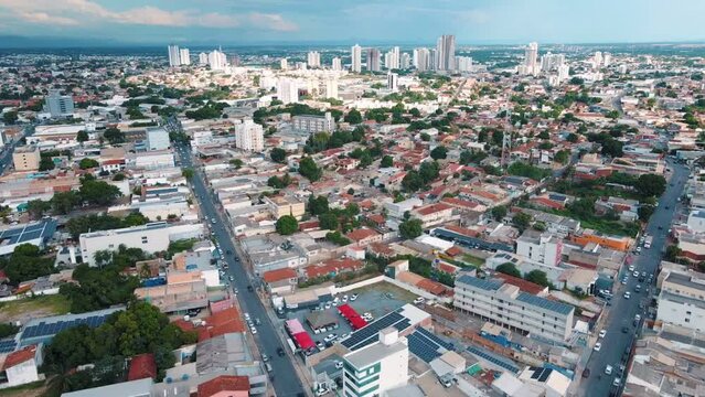 Aerial city scape at sunset in summer in central Cuiaba Mato Grosso