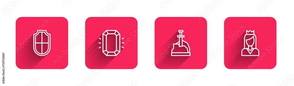 Poster set line shield, diamond, sword in the stone and princess with long shadow. red square button. vecto