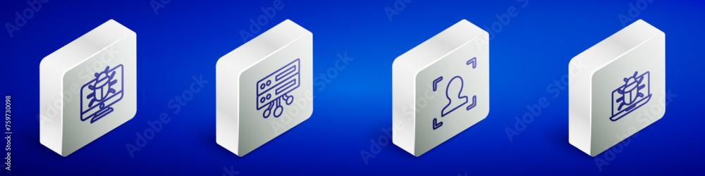 Poster set isometric line system bug on monitor, server, data, web hosting, face recognition and icon. vect